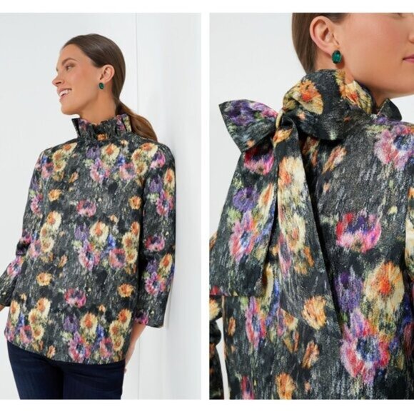 Tuckernuck Tops - Tuckernuck NEW Midnight Primrose Jacquard Preppy Floral Bow Blouse Size M